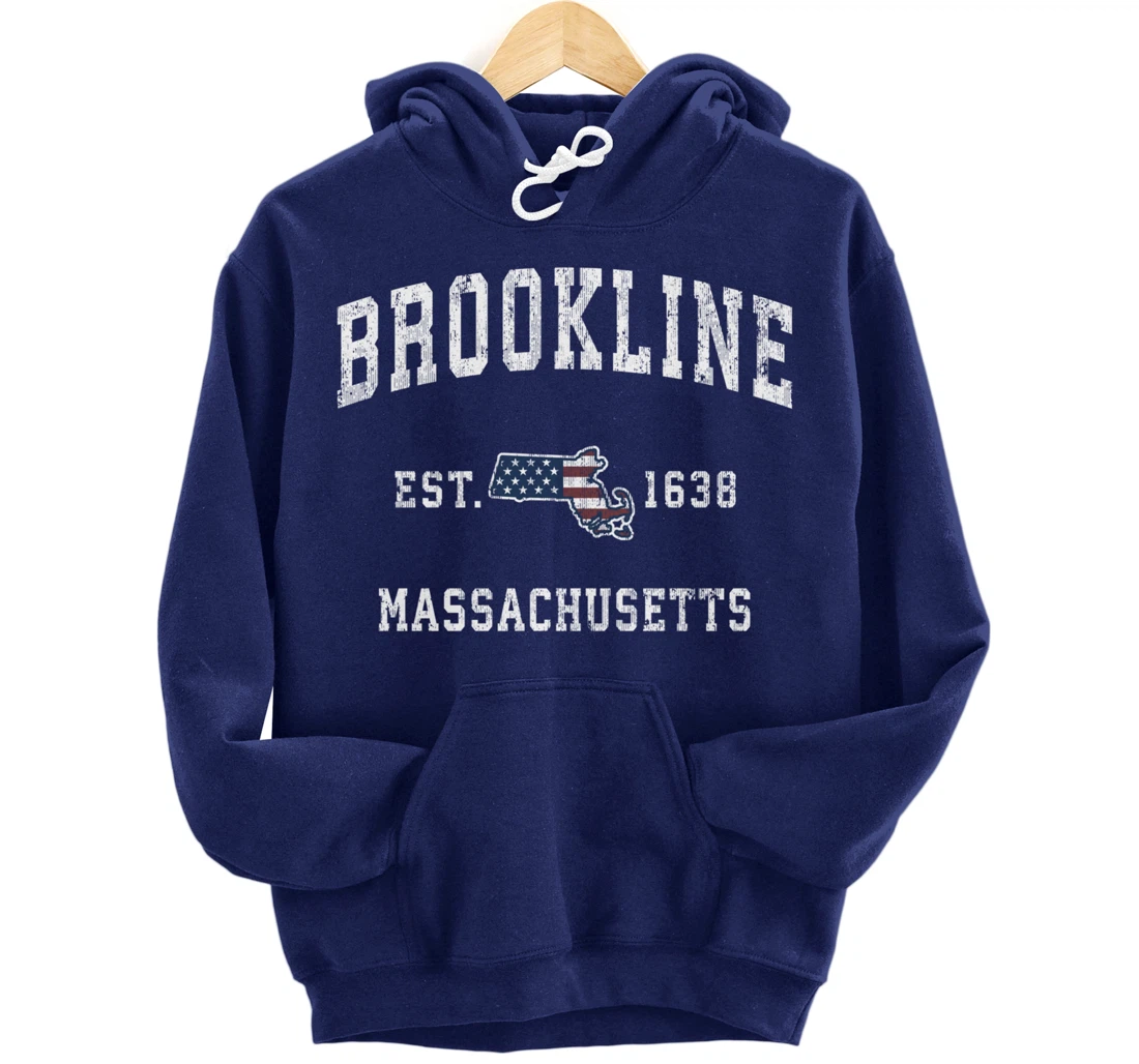 Brookline Massachusetts MA Vintage American Flag Design Pullover Hoodie