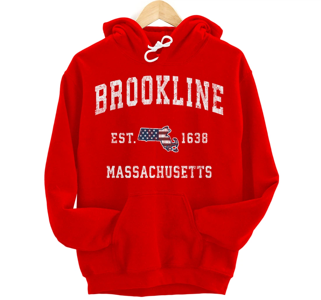 Brookline Massachusetts MA Vintage American Flag Design Pullover Hoodie