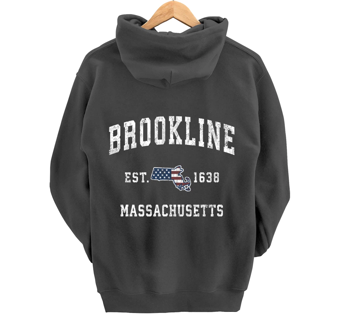 Brookline Massachusetts MA Vintage American Flag Design Pullover Hoodie