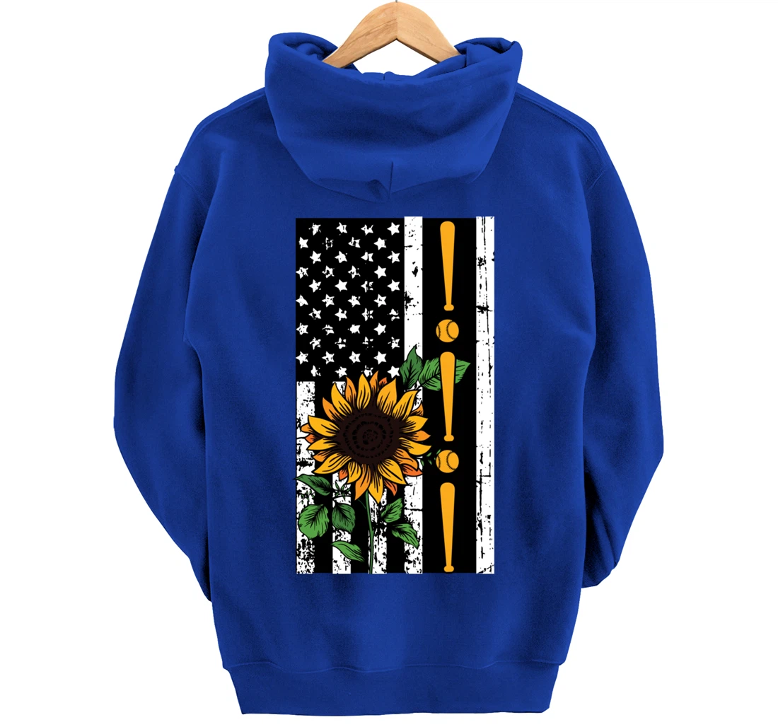 Baseball Player American Flag Sunflower Sports Lover Gifts Pullover Hoodie