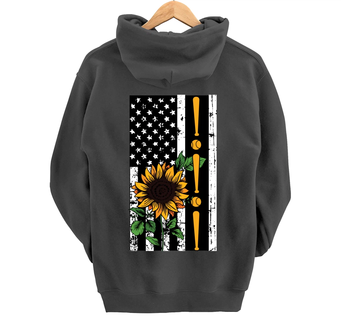 Baseball Player American Flag Sunflower Sports Lover Gifts Pullover Hoodie