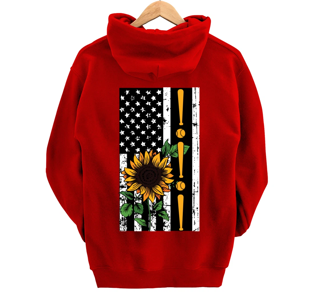 Baseball Player American Flag Sunflower Sports Lover Gifts Pullover Hoodie