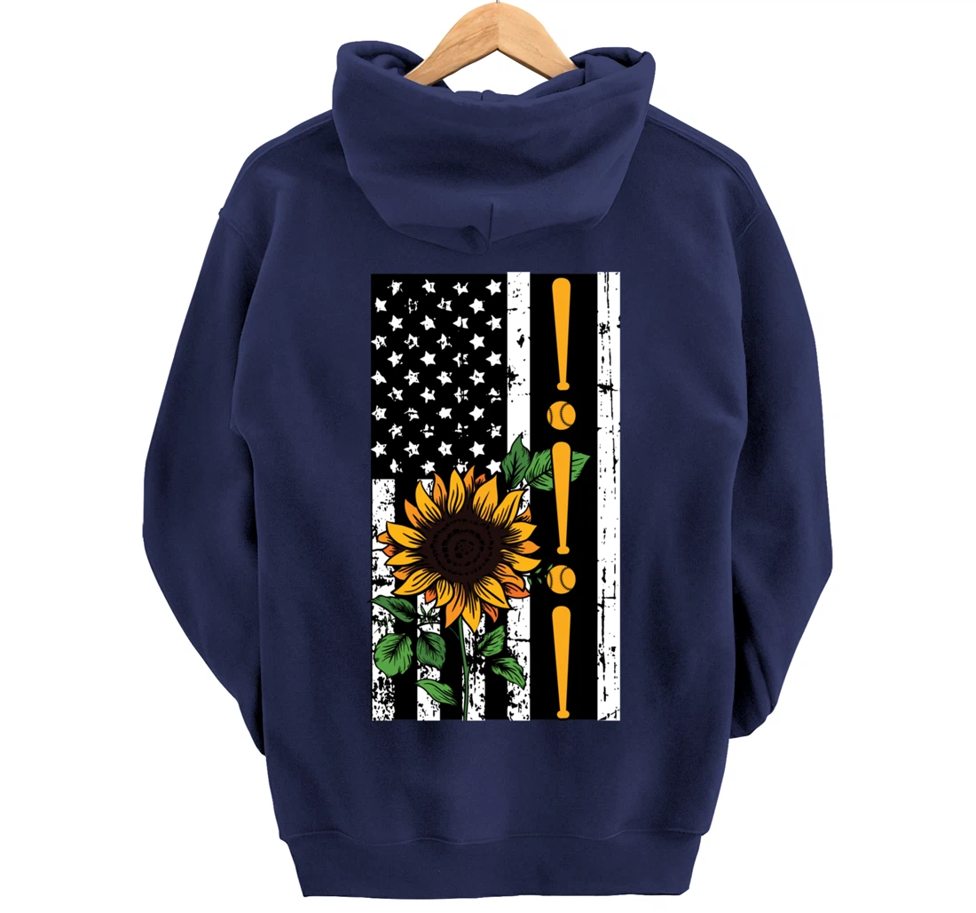 Baseball Player American Flag Sunflower Sports Lover Gifts Pullover Hoodie