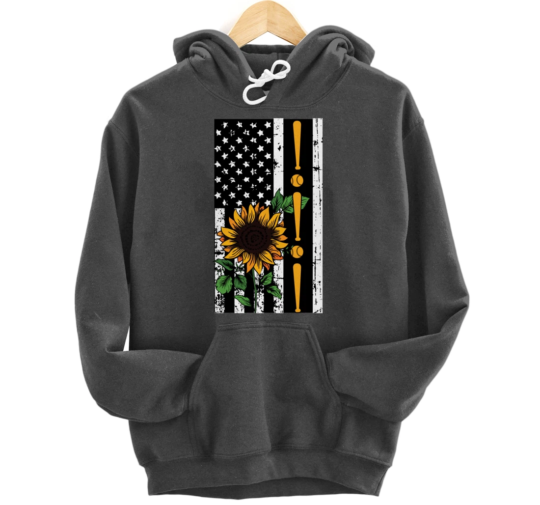 Baseball Player American Flag Sunflower Sports Lover Gifts Pullover Hoodie