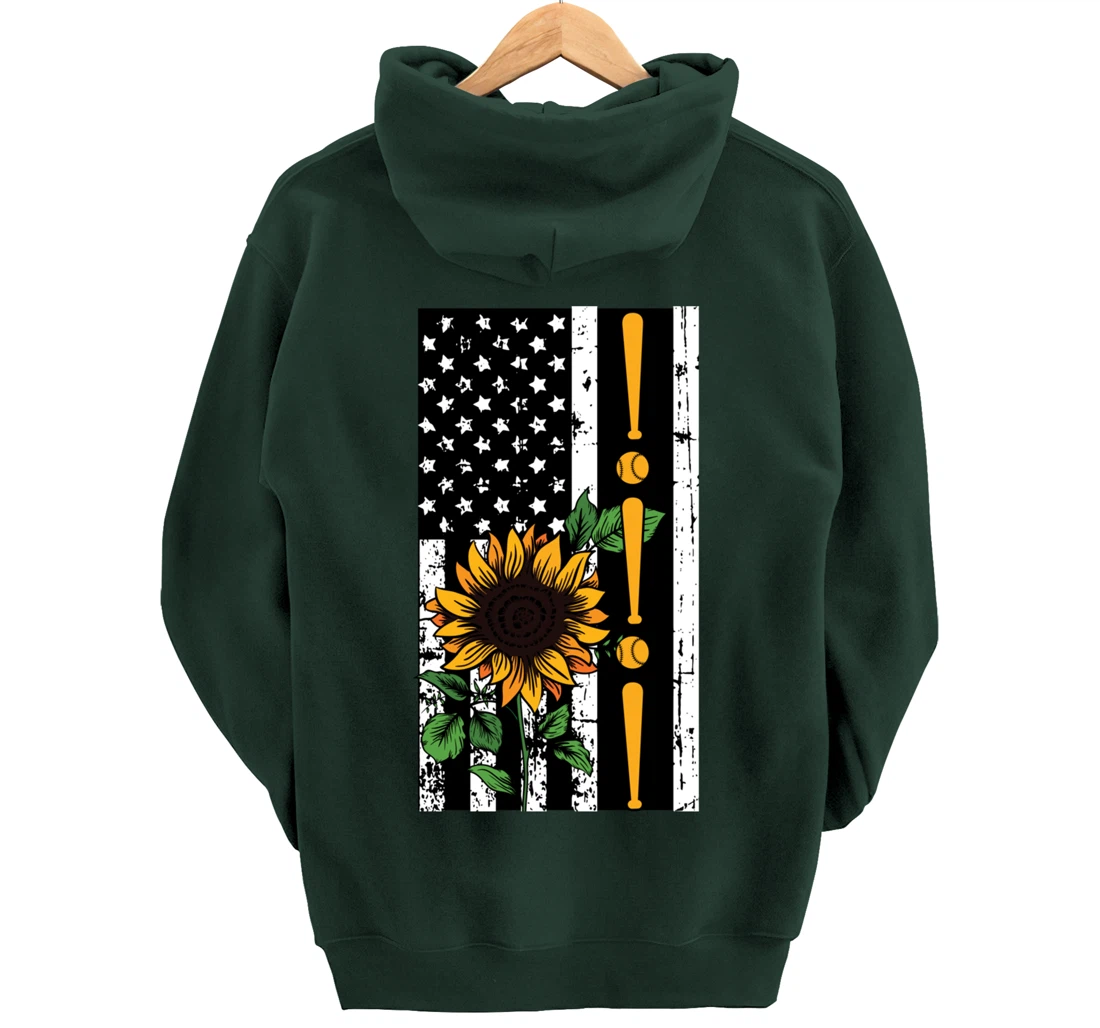 Baseball Player American Flag Sunflower Sports Lover Gifts Pullover Hoodie