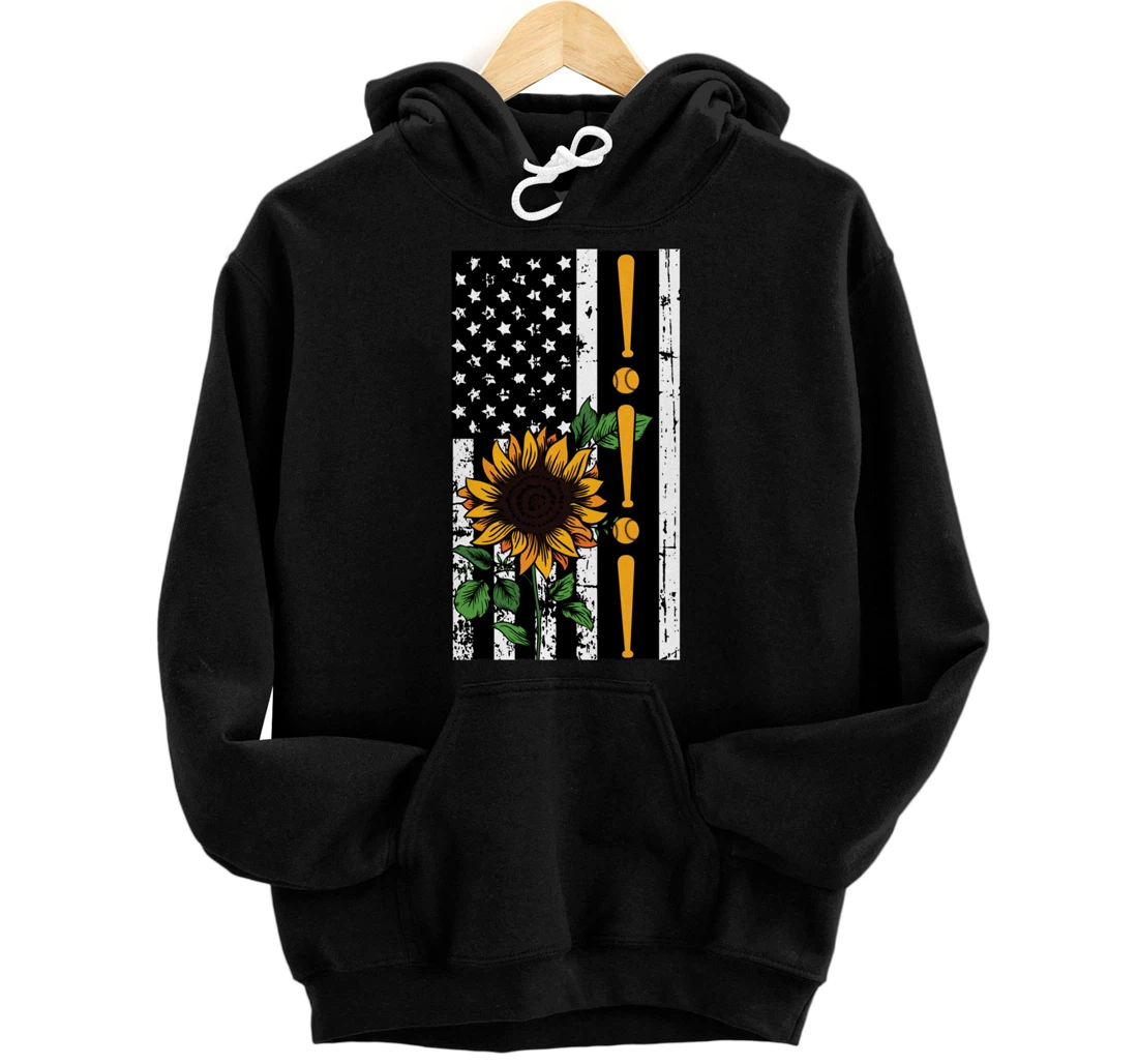 Baseball Player American Flag Sunflower Sports Lover Gifts Pullover Hoodie