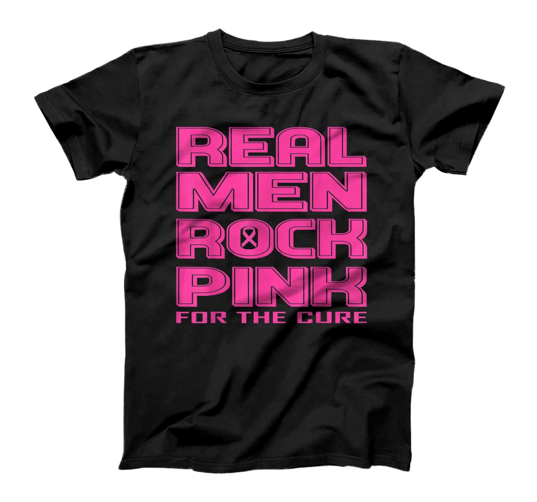 Black & White Real Men Rock Pink Breast Cancer Awareness T-Shirt