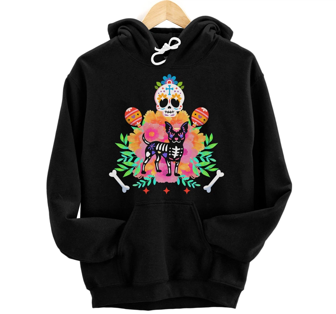 Dog & Sugar Skull Dia de Los Muertos Day of The Dead Dog Pullover Hoodie