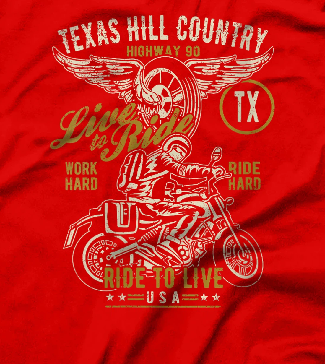Womens Texas Hill Country HWY 90 TX Motorcycle Distressed Design T-Shirt