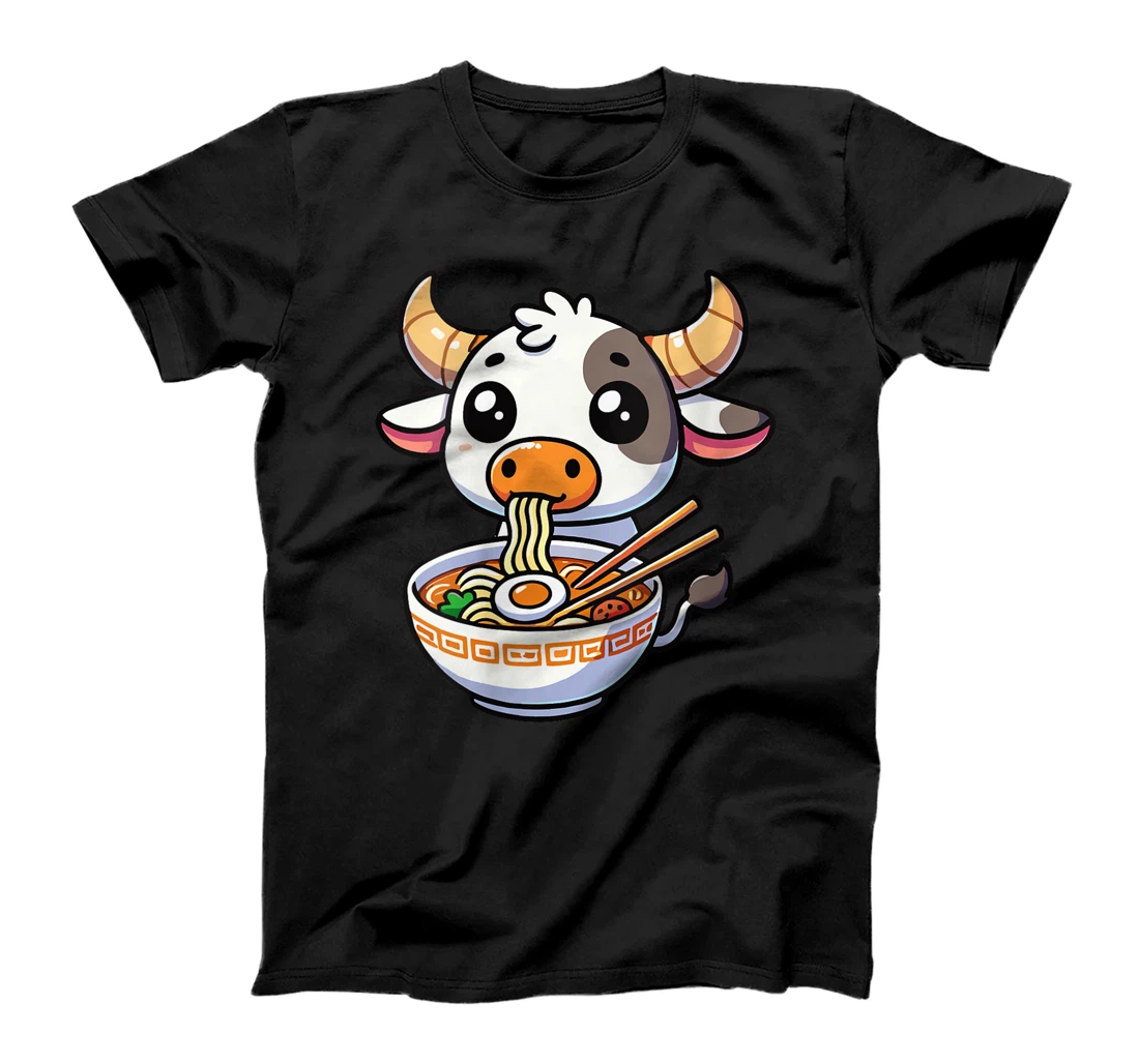 Womens Anime Kawaii Texas Cow Eating Ramen Clothing Noodles Funny T-Shirt