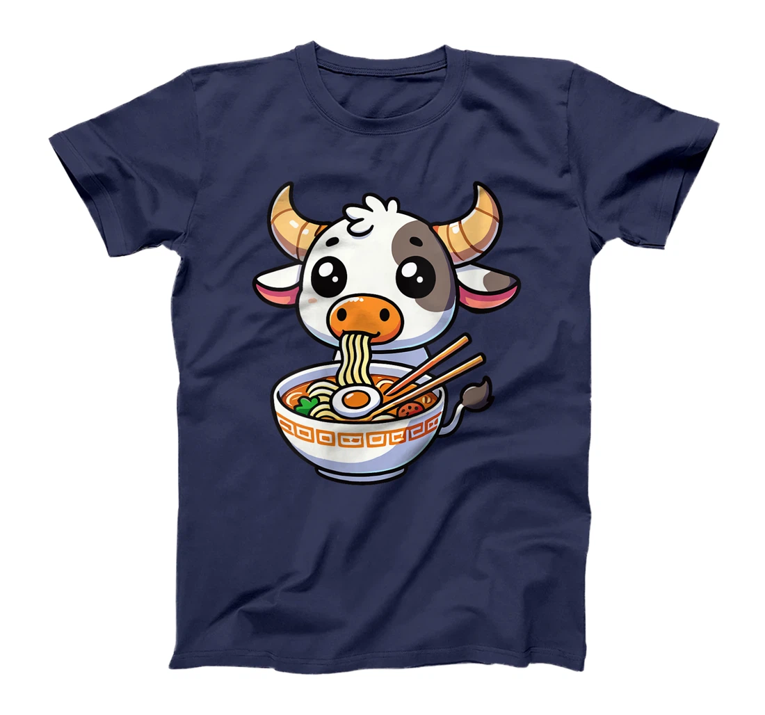 Womens Anime Kawaii Texas Cow Eating Ramen Clothing Noodles Funny T-Shirt