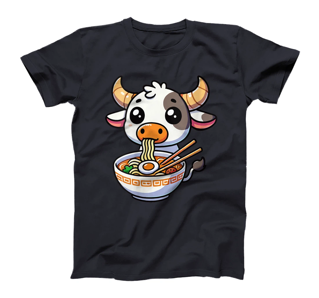 Womens Anime Kawaii Texas Cow Eating Ramen Clothing Noodles Funny T-Shirt