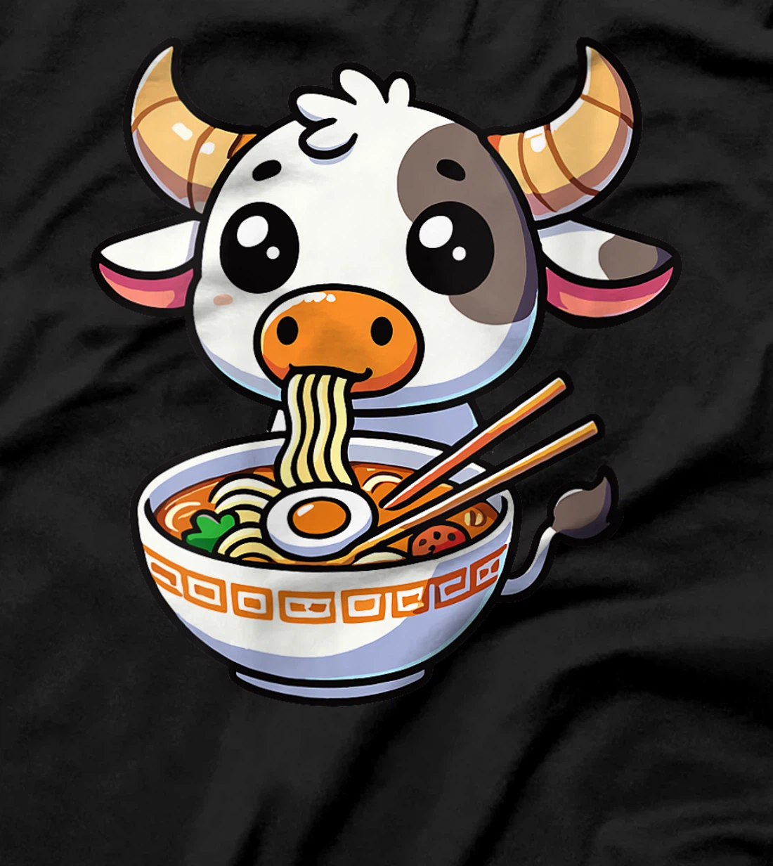 Womens Anime Kawaii Texas Cow Eating Ramen Clothing Noodles Funny T-Shirt