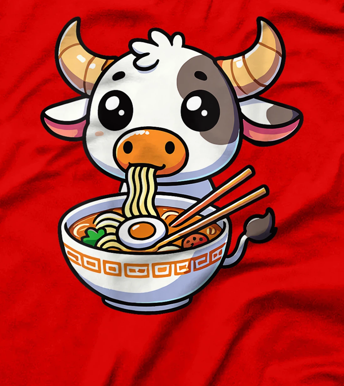 Womens Anime Kawaii Texas Cow Eating Ramen Clothing Noodles Funny T-Shirt