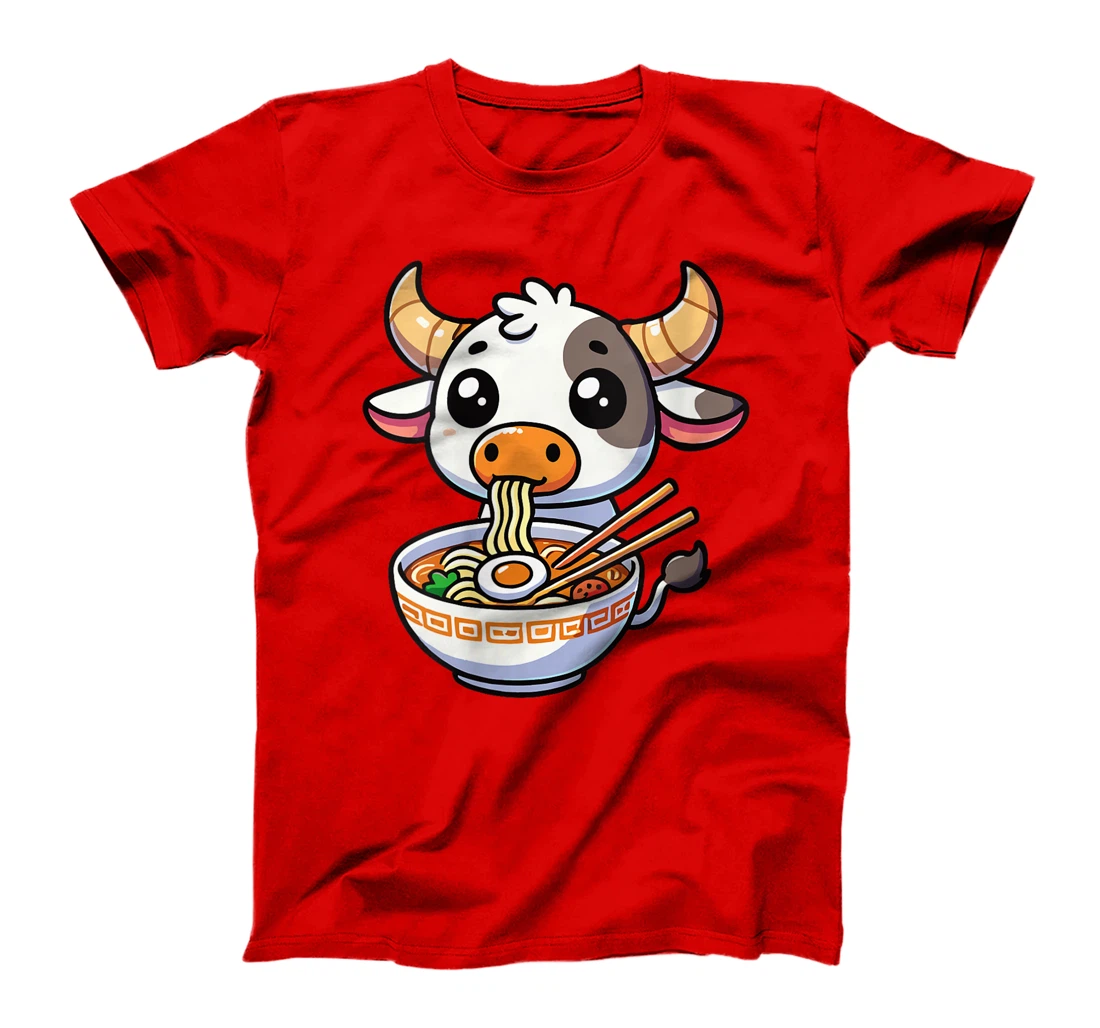 Womens Anime Kawaii Texas Cow Eating Ramen Clothing Noodles Funny T-Shirt