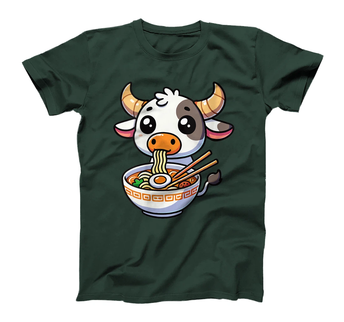 Womens Anime Kawaii Texas Cow Eating Ramen Clothing Noodles Funny T-Shirt