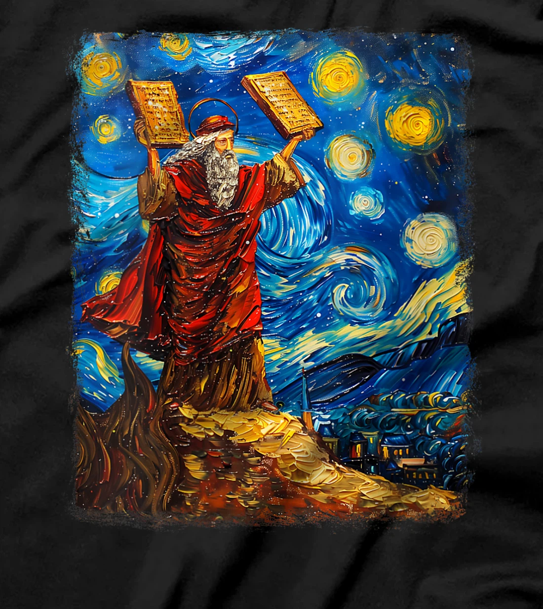 Womens Moses Jewish Israel Christian Starry Night Painting T-Shirt