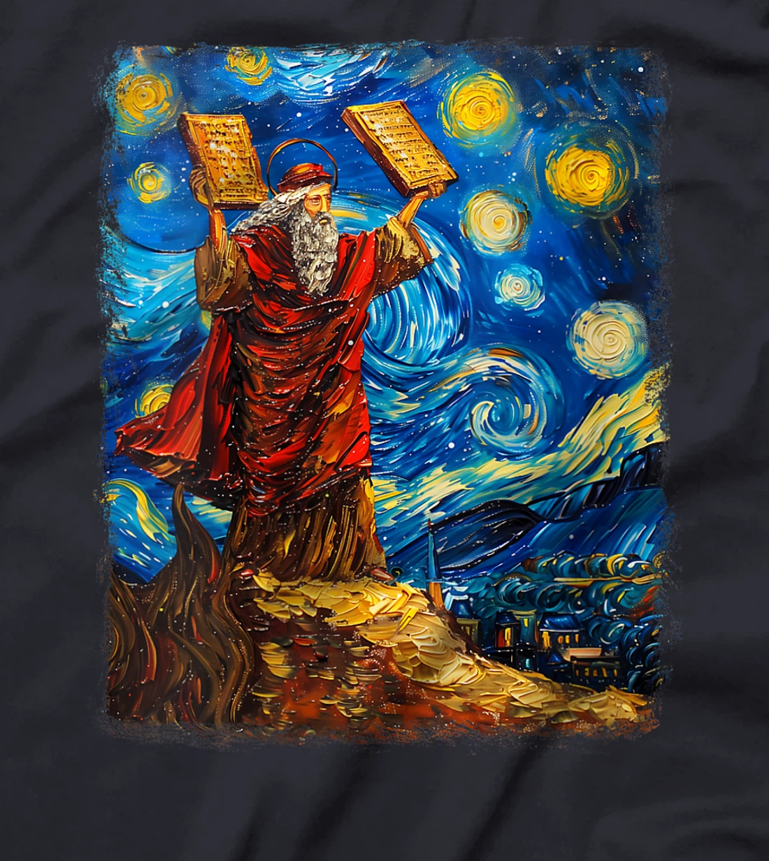 Womens Moses Jewish Israel Christian Starry Night Painting T-Shirt