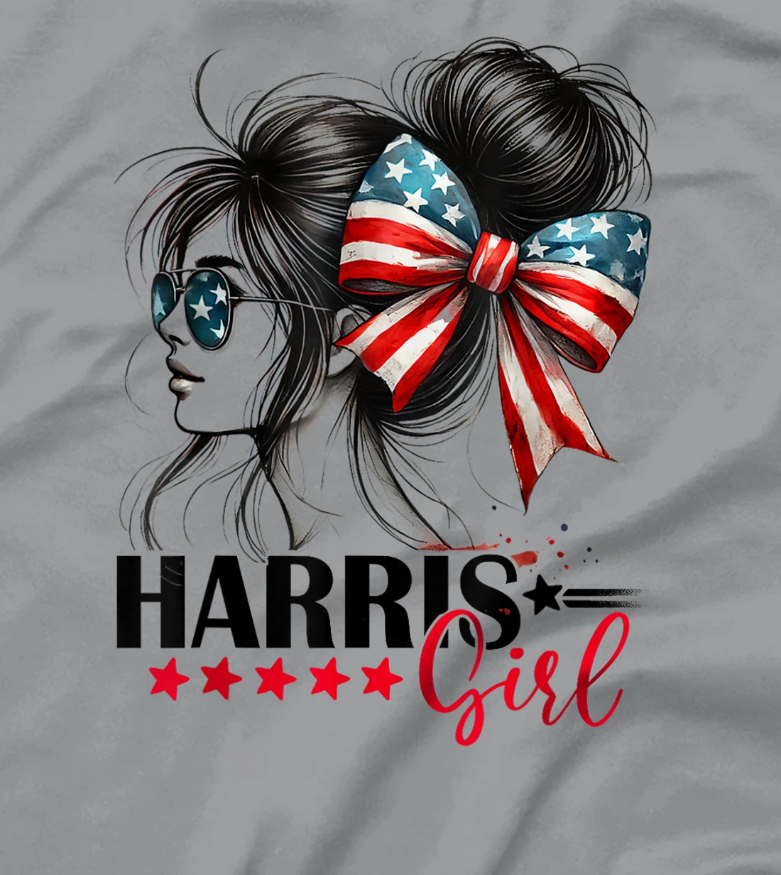 Harris Girl Messy Bun Trump 2024 Election American Flag T-Shirt