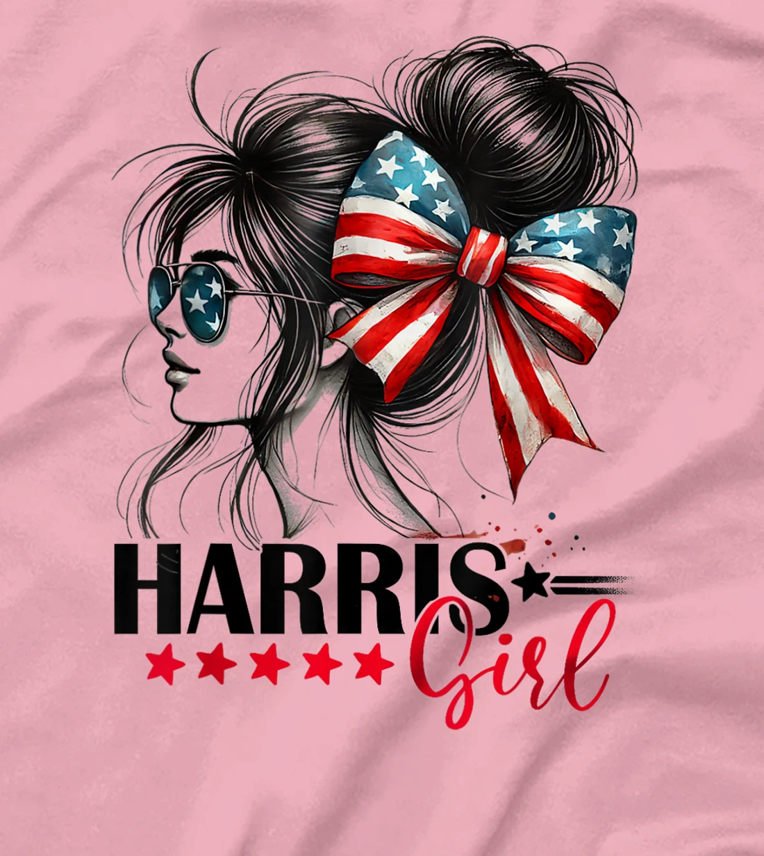 Harris Girl Messy Bun Trump 2024 Election American Flag T-Shirt