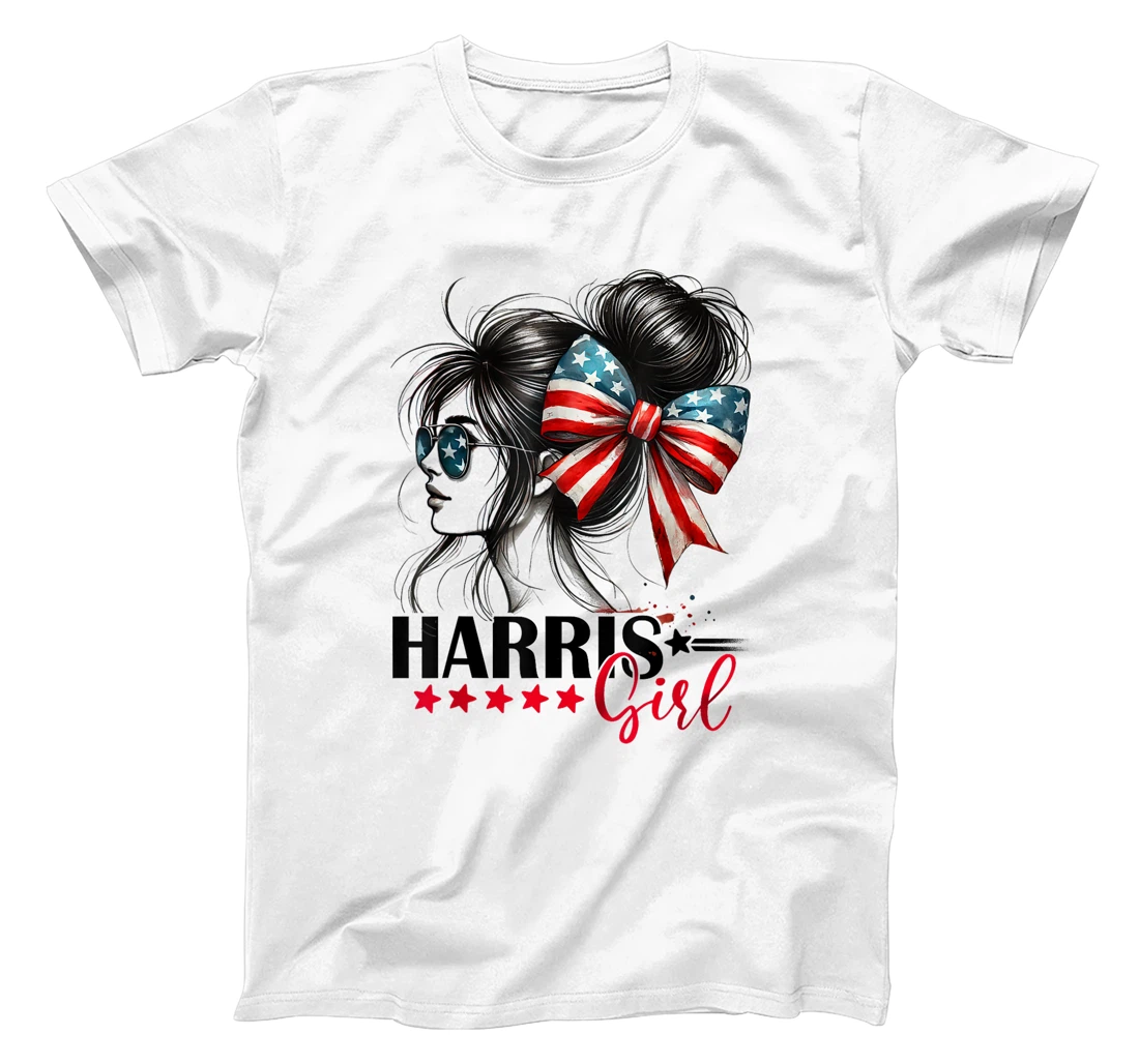 Harris Girl Messy Bun Trump 2024 Election American Flag T-Shirt