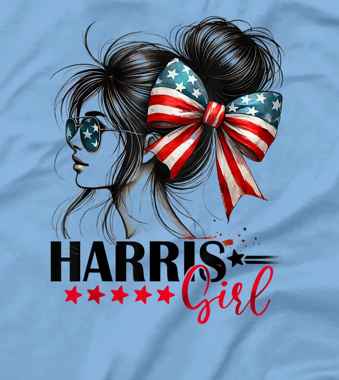Harris Girl Messy Bun Trump 2024 Election American Flag T-Shirt