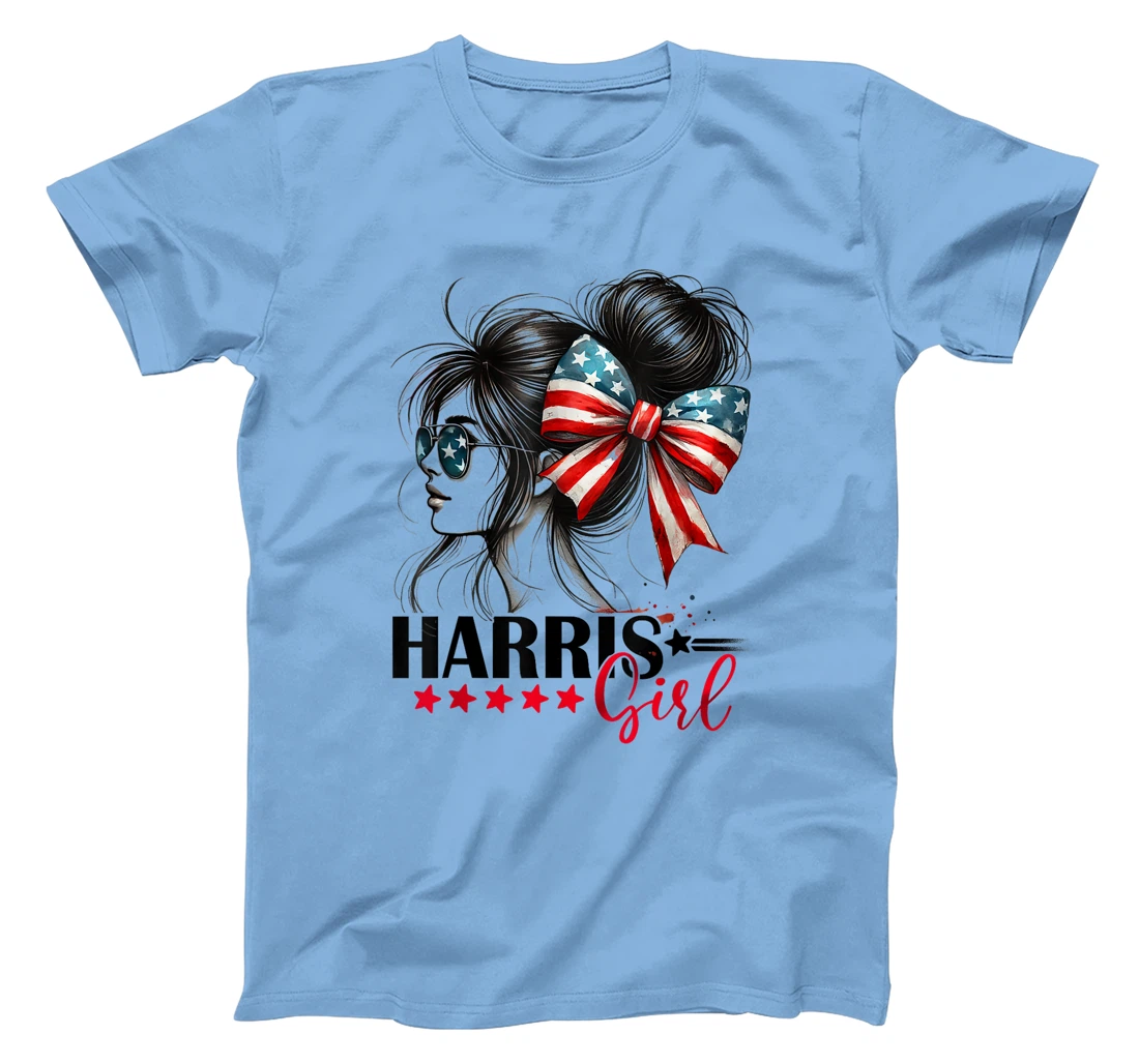 Harris Girl Messy Bun Trump 2024 Election American Flag T-Shirt