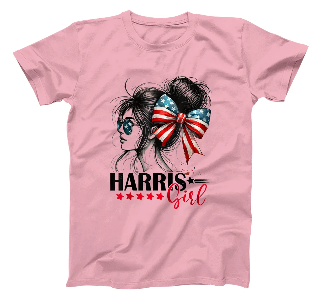 Harris Girl Messy Bun Trump 2024 Election American Flag T-Shirt