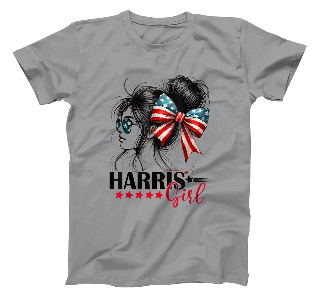 Harris Girl Messy Bun Trump 2024 Election American Flag T-Shirt