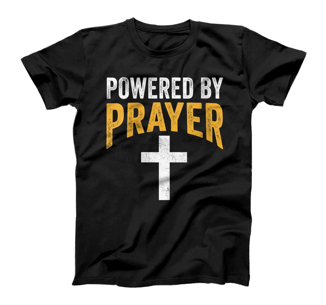 Womens Powered By Prayer Cross God Jesus Christian Faith In Christ T-Shirt