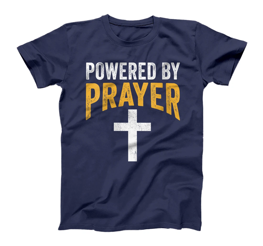 Womens Powered By Prayer Cross God Jesus Christian Faith In Christ T-Shirt