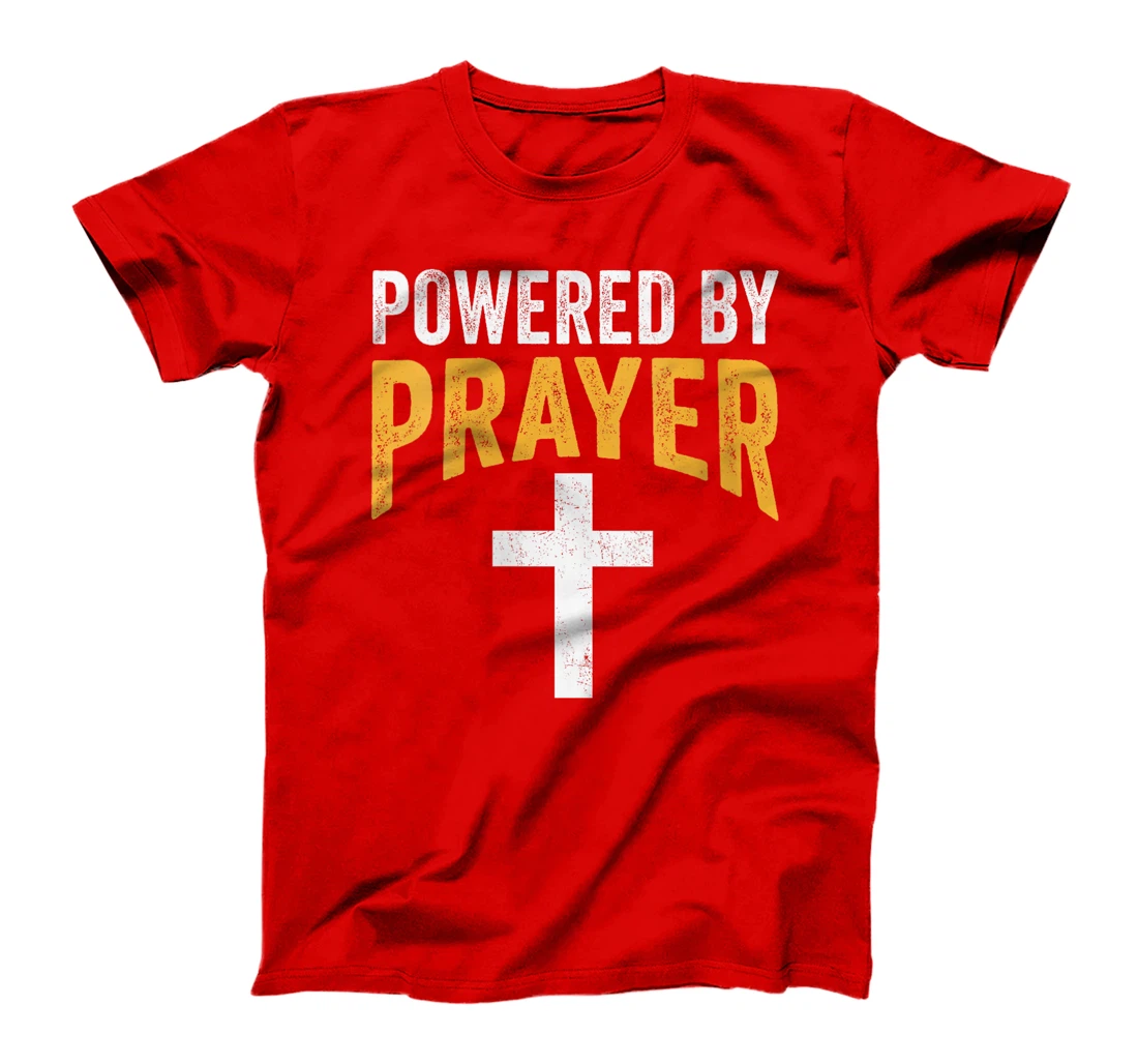 Womens Powered By Prayer Cross God Jesus Christian Faith In Christ T-Shirt