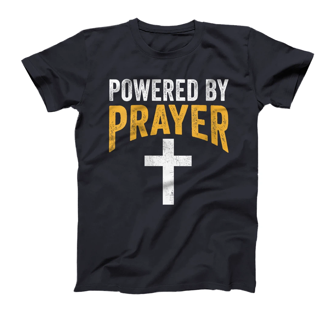 Womens Powered By Prayer Cross God Jesus Christian Faith In Christ T-Shirt