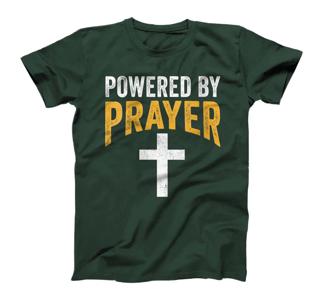 Womens Powered By Prayer Cross God Jesus Christian Faith In Christ T-Shirt