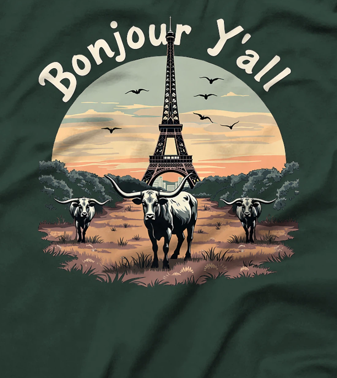 Bonjour Y'all Eiffel Tower Texas Cattle Ranch - French Texan Premium T-Shirt