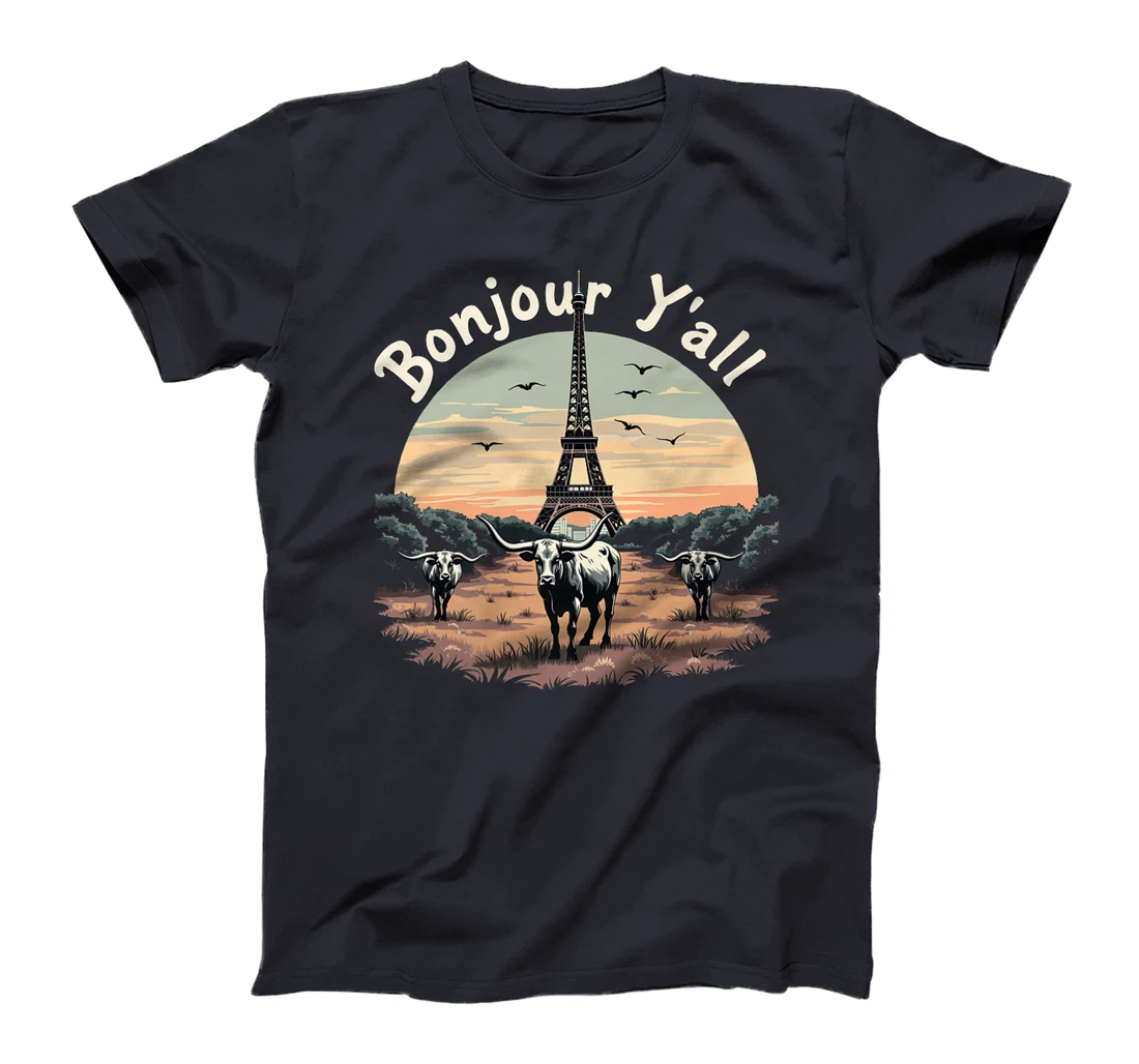 Bonjour Y'all Eiffel Tower Texas Cattle Ranch - French Texan Premium T-Shirt