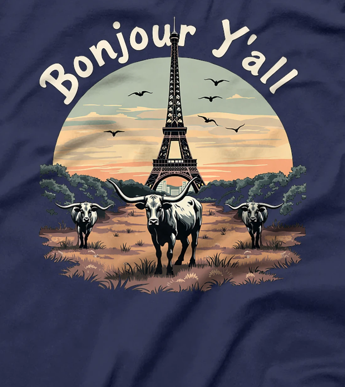 Bonjour Y'all Eiffel Tower Texas Cattle Ranch - French Texan Premium T-Shirt