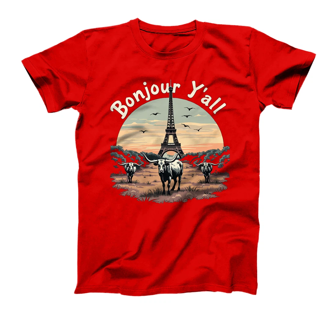 Bonjour Y'all Eiffel Tower Texas Cattle Ranch - French Texan Premium T-Shirt