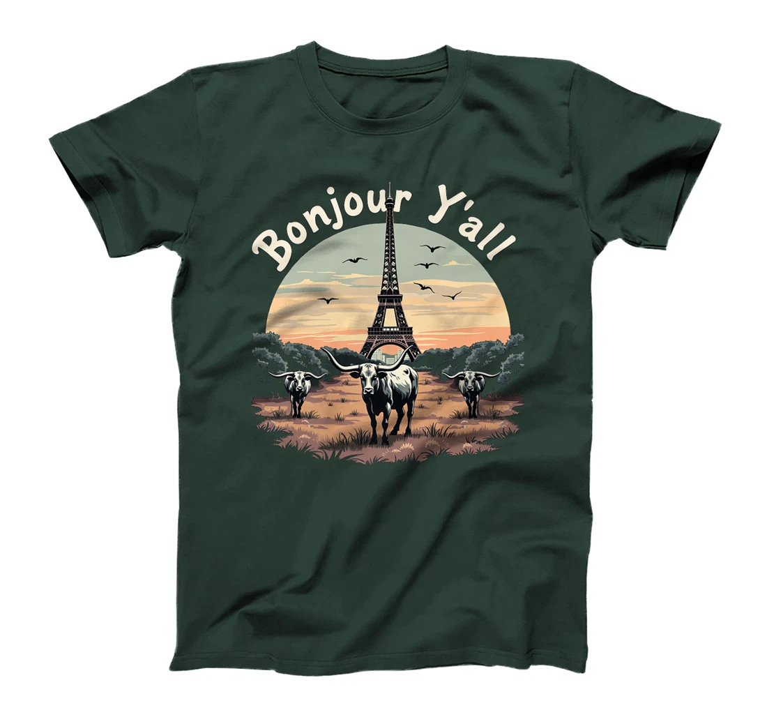 Bonjour Y'all Eiffel Tower Texas Cattle Ranch - French Texan Premium T-Shirt
