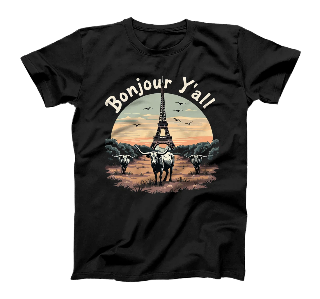 Bonjour Y'all Eiffel Tower Texas Cattle Ranch - French Texan Premium T-Shirt