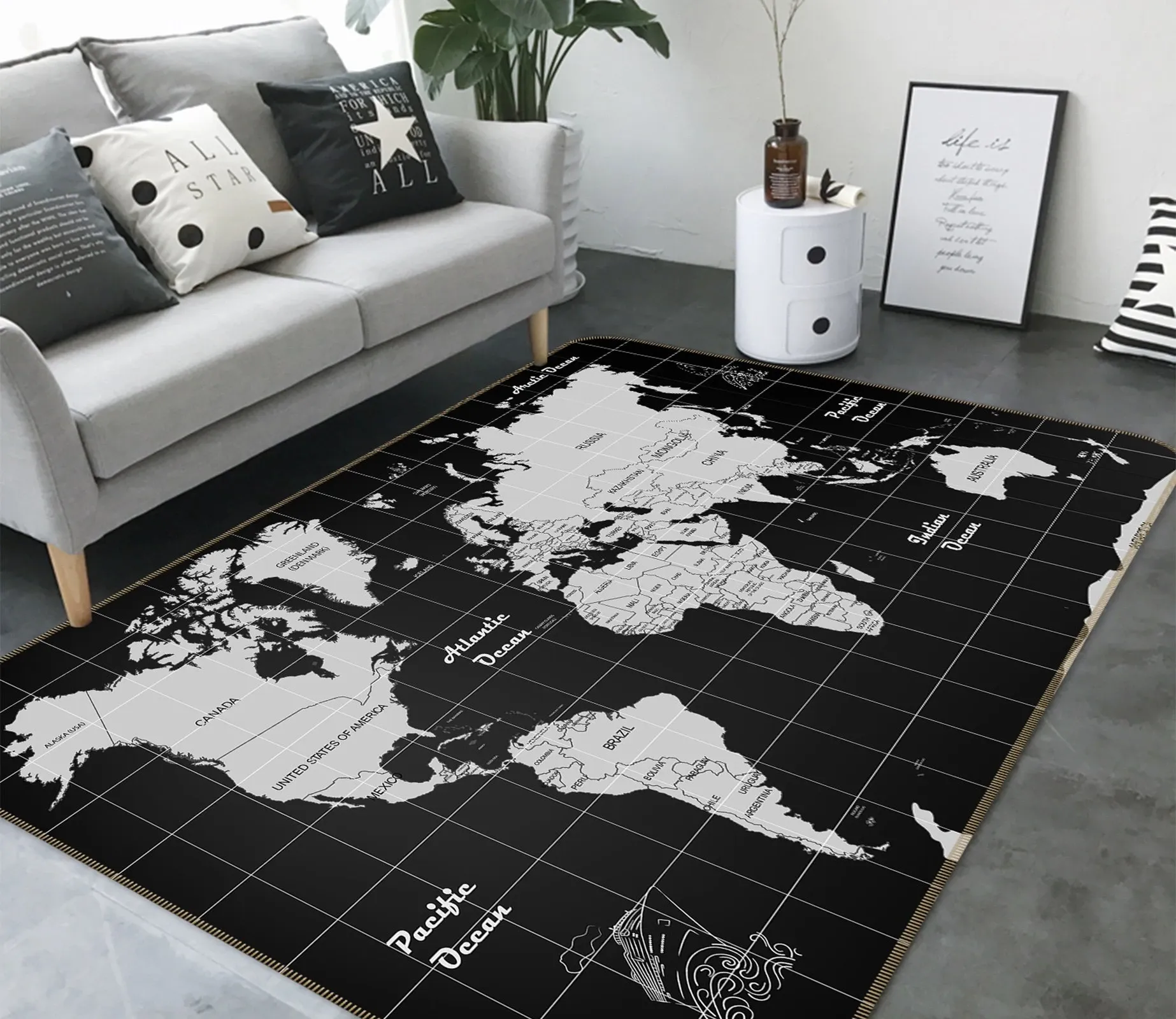 White Map On Black Board - Rug, Doormat, Bath Mat