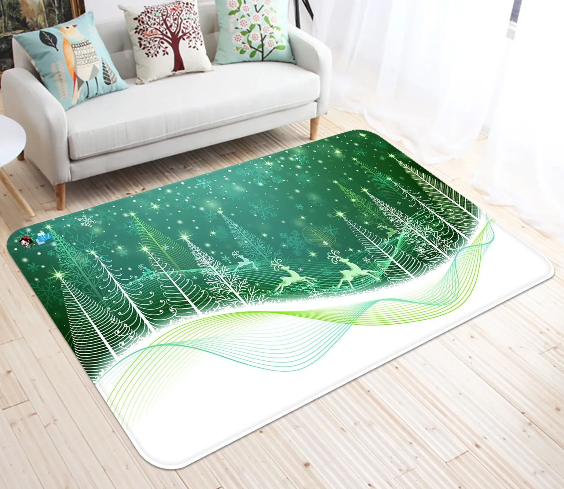 Christmas Green Trees In Falling Snow - Rug, Doormat, Bath Mat