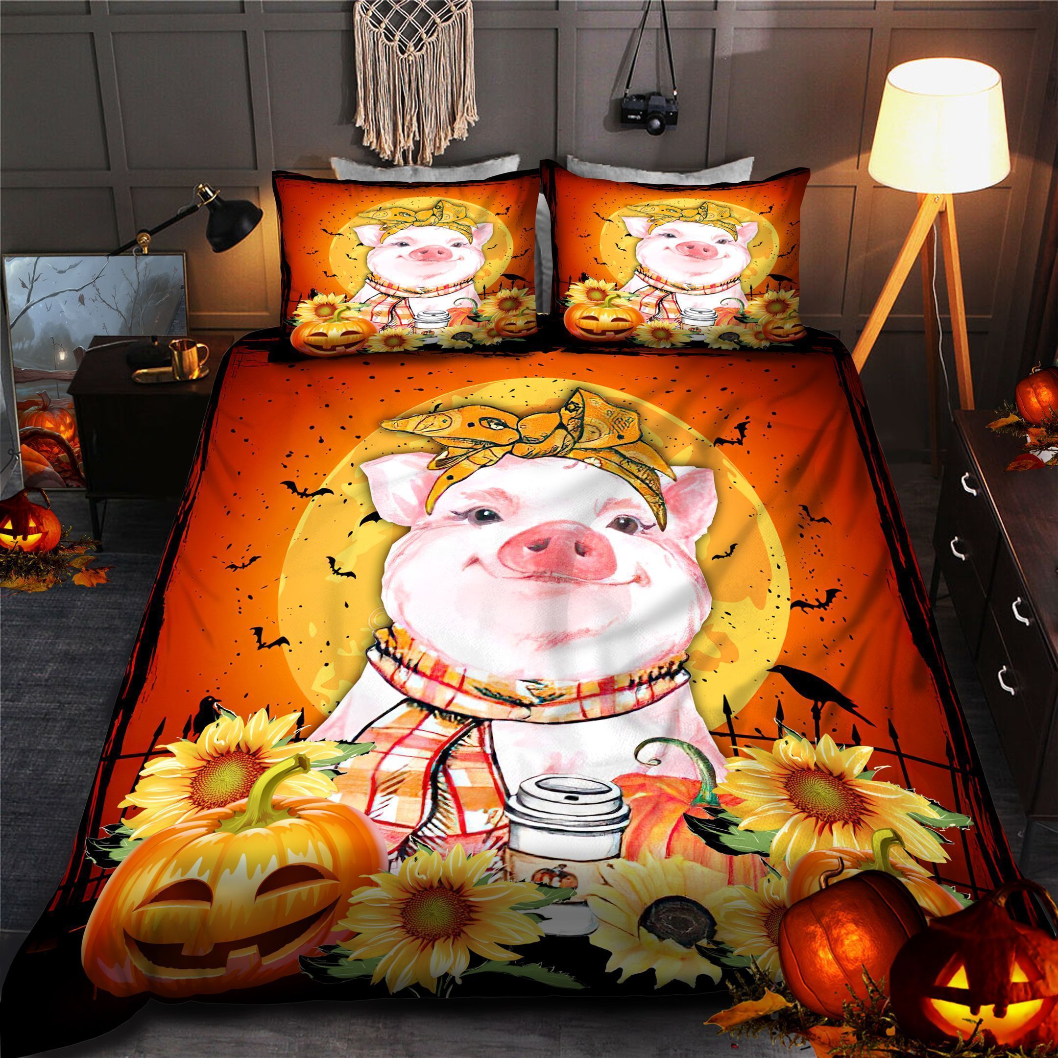 Pig Halloween Sunflowers And Pumpkin - Bedding Set, Duvet Cover, Quilt, Pillow, Blanket